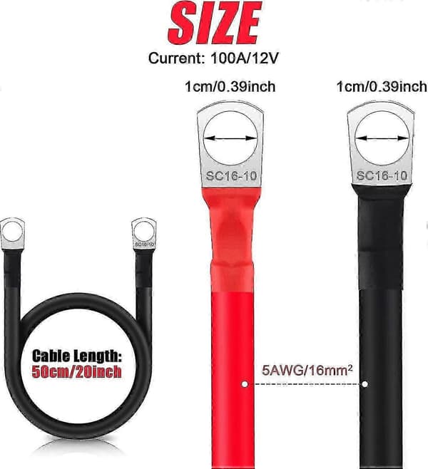 2-pack batterikablar 50 cm 5 AWG/16 mm batterikabel 12 V kopparkabel med M10 ringklämmor