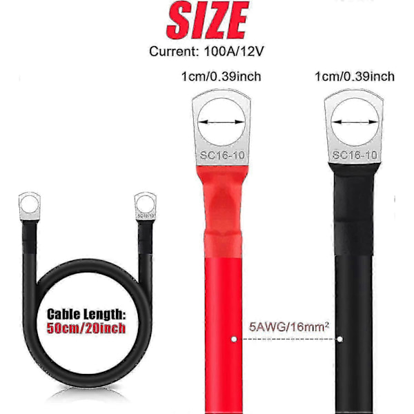 2-pack Batterikablar 50 cm 5 Wag/16 mm Batterikabel 12 V Kopparkabel med M10 Ringkabelskor