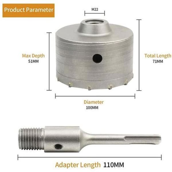 Betonhulsav med 110 mm SDS Plus-adapter, til mursten, beton, cement, sten (100 mm + 110 mm SDS Plus-adapter)