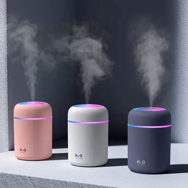 Mini bærbar luftfugter 300ml - USB-bordluftfugter med farvet LED-natlys, grå