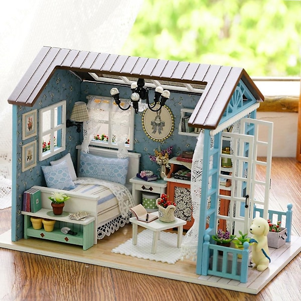 DIY Miniatyrdockhus Kit Realistiskt Mini 3D Trähus Rumhantverk med Möbler LED-lampor Chri