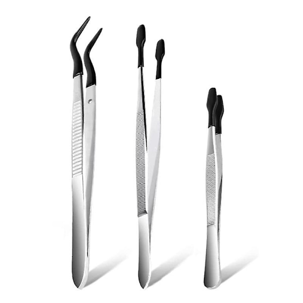 3 stk. Spisse Pinsetter med Gummi, Ikke-Rissende Silikon-Tippede Pinsetter Gummi Bøyde Spiss Flat Pinsetter,