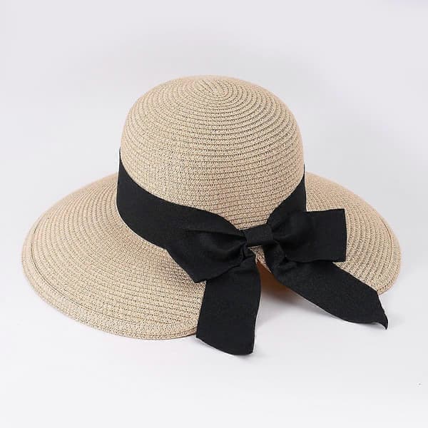 Solhattar för damer UPF 50 Bredbrättad Strand Sommarhatt för Kvinnor Vikbar Hästsvans Rosett Beige