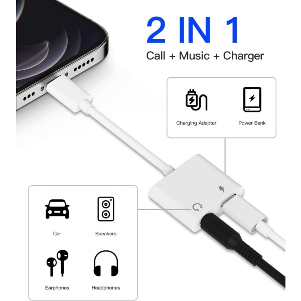 Lightning 3.5 mm:n jakkiin 2-in-1-jakaja (2 kpl) Latauskaapeli Ääniliitin iPhone AUX-sovitin Kuulokeliitäntään Dongle-kaapeli