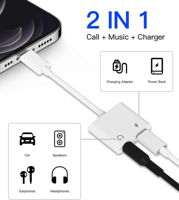Lightning til 3,5 mm splitter 2i1 (2 stk.) Oplader Audio Cord-stik iPhone AUX-adapter til hovedtelefonstik Dongle-kabel