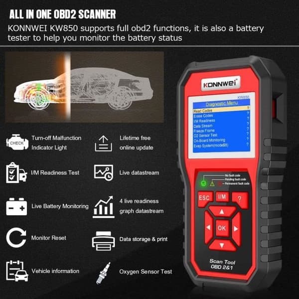 OBDII-skanner - 10-modus bilkodeleser, full diagnostikk og lesing av motorvarsellampe