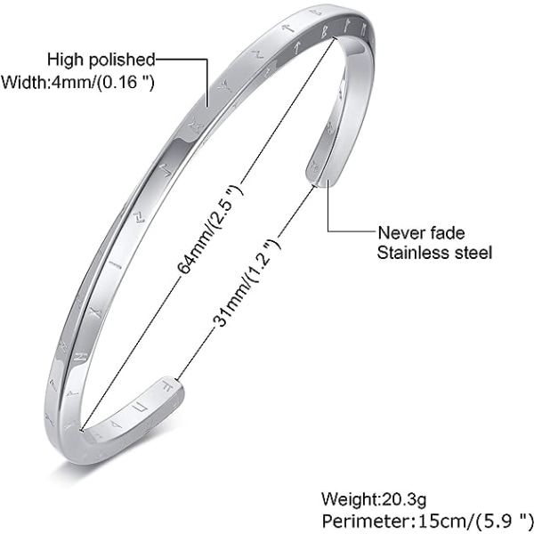 Viking Runes of Nordic Amulet Armbånd for Menn Mobius Mansjett Armring for Menn Kvinner Rustfritt Stål Viking Fans Smykker Gave, Diameter 60mm & 64mm