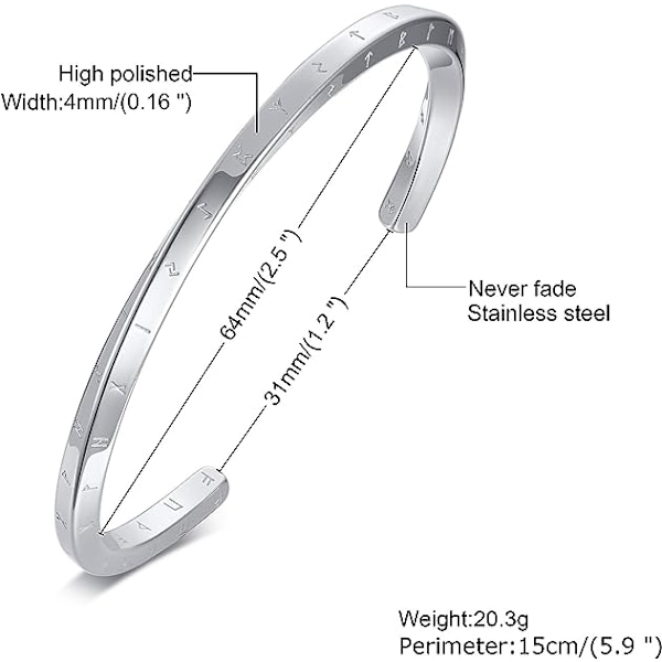 Vikinge Runer af Nordisk Amulet Armbånd til Mænd Mobius Manchet Armbånd til Mænd Kvinder Rustfrit Stål Vikinge Fans Smykker Gave, Diameter 60mm & 64mm