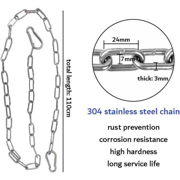 1 metriä ruostumattomasta teräksestä valmistettu riipputuolin ketju, jossa on kaksi karabiinihakaa, riipputuolin lyöntipussin ketju
