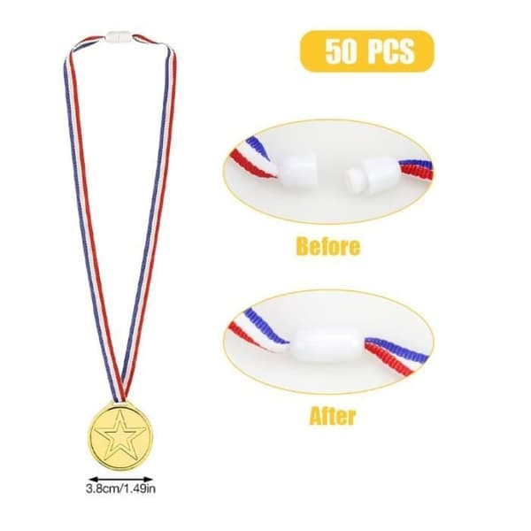 Barnmedaljer - 50-pack - Guldmetall - Trefärgat band - Multisport - Perfekt present