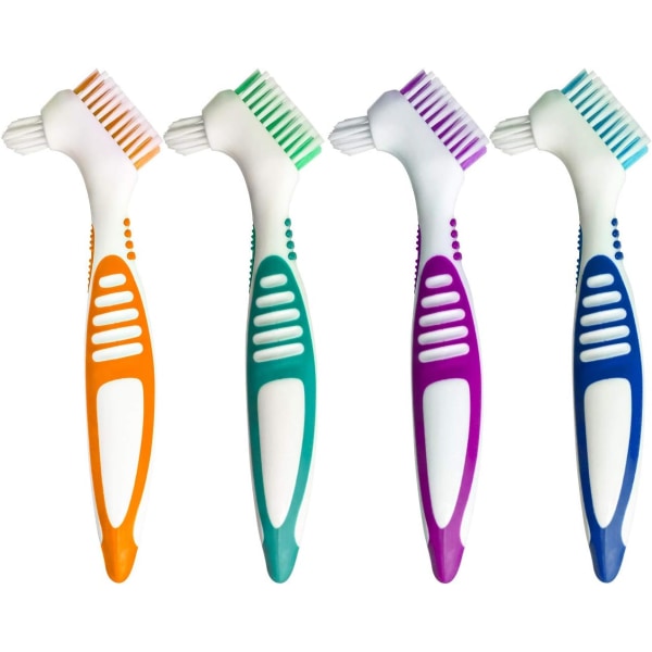 2-pakk dobbelt børstehode protesebørstesett, bærbar ergonomisk tannprotesebørste Multi-børste tannbørste for protesepleie (tilfeldig farge)