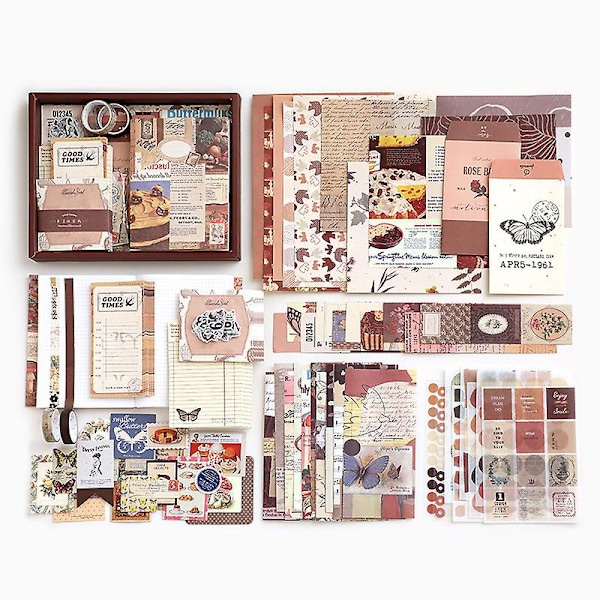 346-delad Scrapbooking-tillbehörssats, Brun Vintage Bullet Journal Scrapbook-sats med A6-rutat anteckningsblock, DIY Scrapbooking-present till tonårsflickor - Vinta