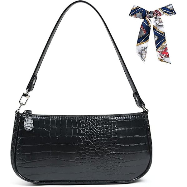 Läder axelväska för kvinnor, Mini handväska med krokodil liten crossbody väska Klassisk för kvinnor 90-talets miniväskor med kedja Black