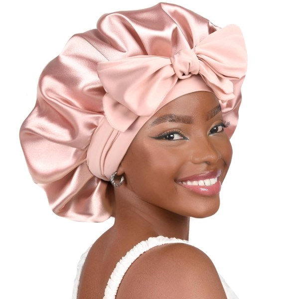 Satängmössa Sidenmössa för sömn Dubbellagersatinfodrad hårmössa med knythuvar för kvinnor Naturligt lockigt hår pink