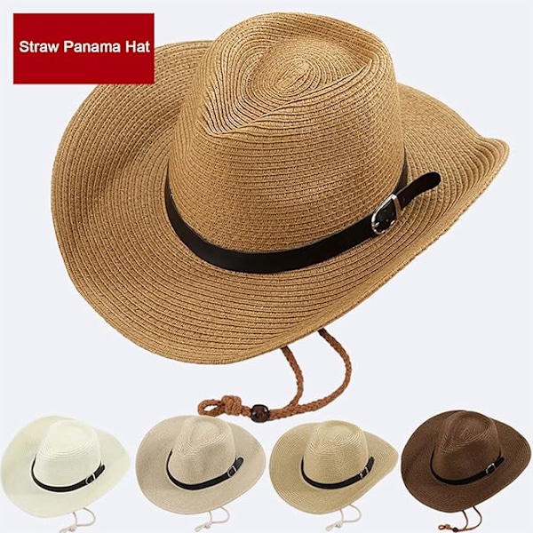 Unisex Halm Solhatt Panamahatt Fedora Trilbyhatt Safari Strandhatt Sol UV-skydd Hatt med Justerbar Hakrem för Män Kvinnor
