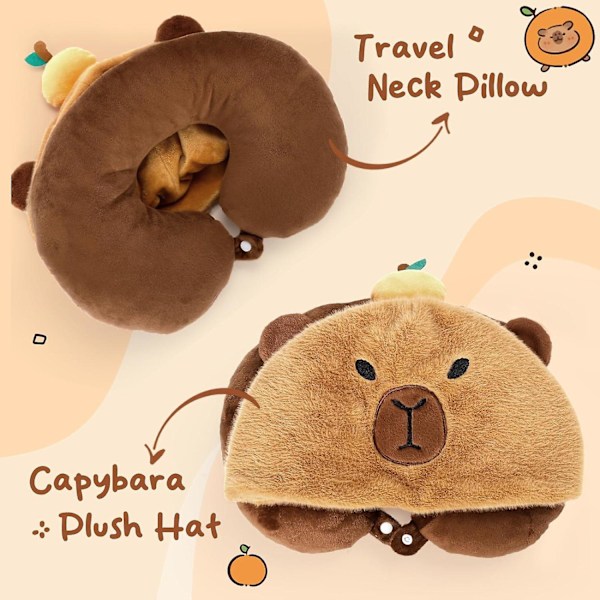 Capybara U-formad Resepillow med Huva, Nacke Stöd Plush Pillow, Huvad Sovtillbehör Nacke Hakstöd Fylld Djur Kudde för Flygplan