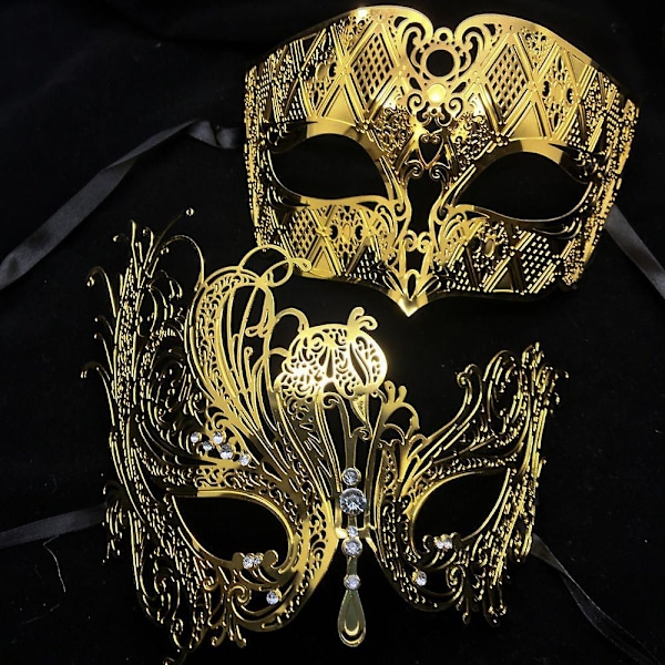 Svart Silver Guld Metall Filigran Laser Skuren Par Venetian Mask Bröllop Boll Mask Halloween Maskerad Kostym Masker Set Black Light Blue