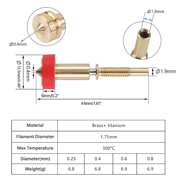 Revo-suuttimelle 0,25 mm, 0,4 mm, 0,6 mm, 0,8 mm - Kaikki yhdessä - Bimetalli-suutin tulostimelle 0.4mm