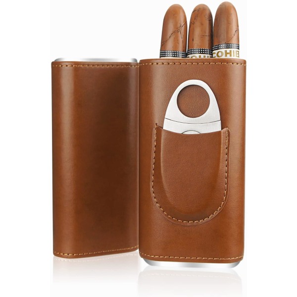 Case i läder med 3 fingrar och cigarrfodrad i cederträ, portabelt case
