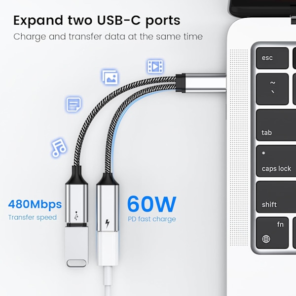 USB C-splitter med PD 60W hurtiglading og dataoverføring (støtter digitale hodetelefoner, IKKE for skjerm), USB C til USB C hunnadapter