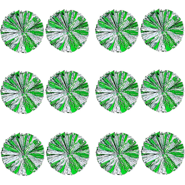 12 stk Cheerleading Pom Poms for Barn, Metallisk Folie & Plast Ring Cheer Pom Poms for Gutter Large Green Silver