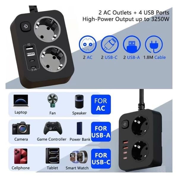 Strømuttak med 1 stikkontakt + 4 USB-porter – Ideell for hjem, kontor og reise