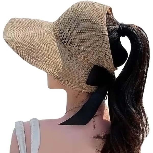 Dam solskydd bred brätte solhatt UV-skydd strandhatt rullbar hopfällbar tom topphatt hästsvans baseballkeps med rosett (Khaki)
