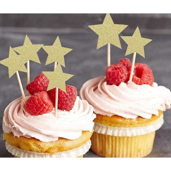 Sæt med 50 stk. Twinkle Twinkle Little Star Cupcake Toppers Glitter Gold