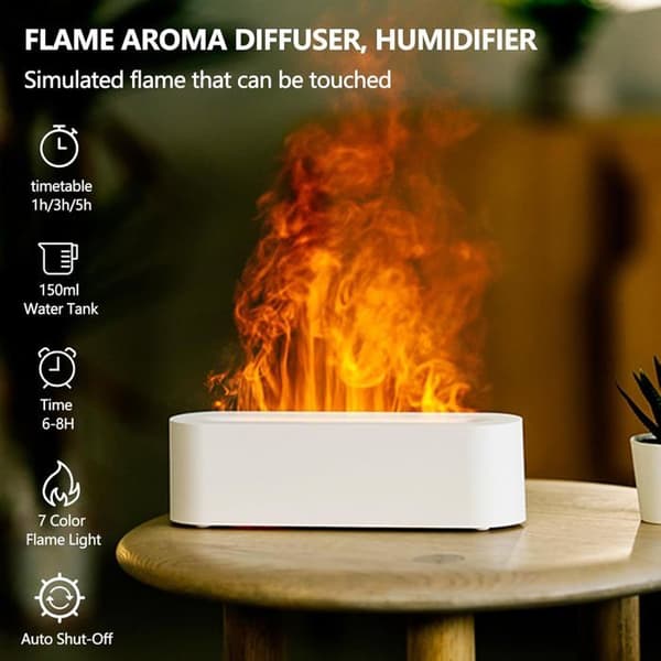 3-i-1 Hjemme Aroma Diffuser, 7-farget LED-lys, Flammeeffekt, Timer og Automatisk Avstenging - Hvit
