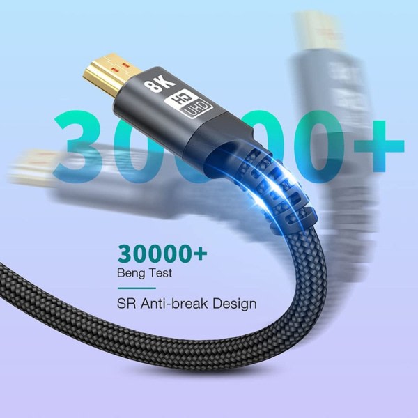 HDMI-kompatible kabler 2.1 48 Gbps 8K Ultra High Speed ​​​​flettet kabel, 4K @ 120Hz, 8K @ 60Hz, HDCP 2.2 & 2.3, HDR 10