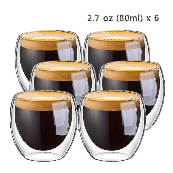 6 stk 80 ml 2,7 oz glass doble vegger varmeisolert espresso tekopp