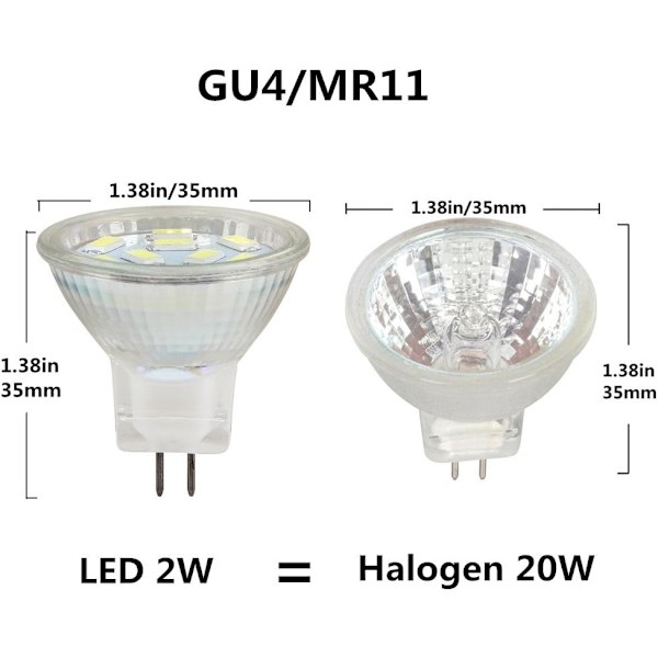 2W MR11 GU4 LED-pære 12 volt kølig hvid 6000K, 20W halogenudskiftning, MR11 G4/GU4.0 LED-spotlys til hjem, landskab, forsænket