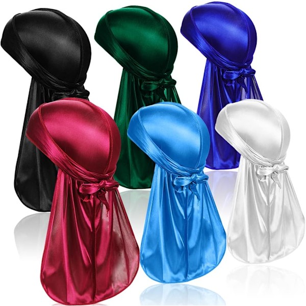 6 kpl Silky Men Durag, Pakkaus Durags Do Rags pitkällä hännällä ja leveillä hihnoilla miehille naisille, 6 väriä