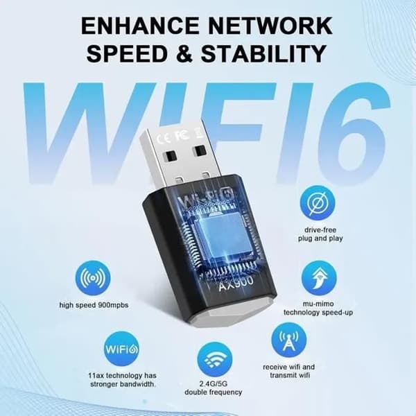 AX900 Dual-Band 2.4/5.8 GHz MU-MIMO WPA3 WiFi 6 USB-adapter til PC — Op til 900 Mbps - LAN