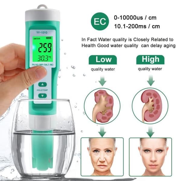 Vattenkvalitetspenna - 10 i 1 - Hög precision - Temperaturmätning - HD-skärm - pH/EC/TDS/ORP/H2 - För dricksvatten, simbassänger