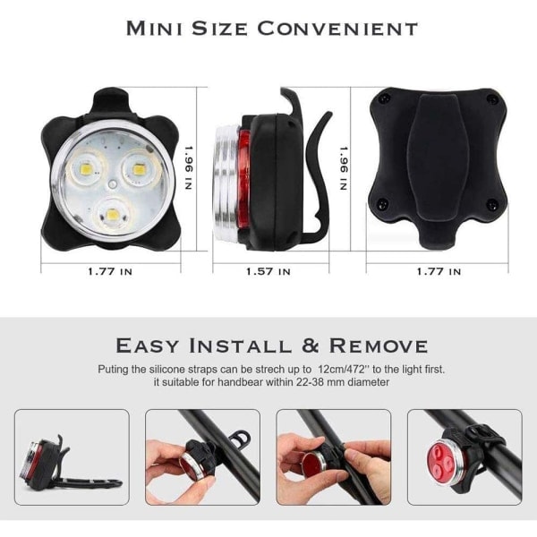 USB-oppladbart sykkellys, supersterkt LED-for- og baklys for sykkel