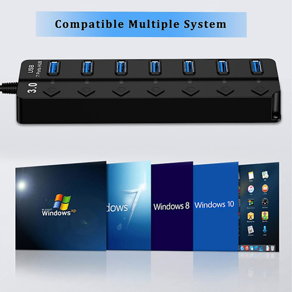USB 3.0 -keskitin, 7-porttinen USB-laajennuskeskitin kannettavalle tietokoneelle, usean USB-portin laajenninjakaja kannettavalle tietokoneelle, tietokoneelle kaikki USB-oheislaitteet (7-porttinen USB 3.0 -keskitin)