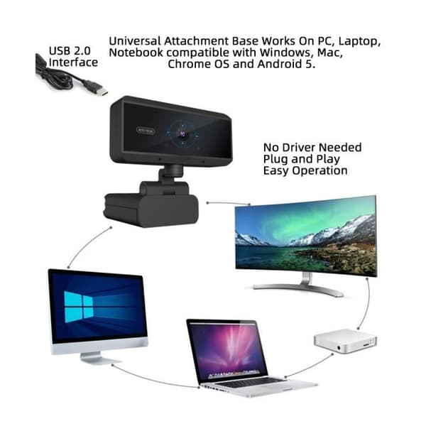 Datorkamera med autofokus, HD 1080P, inbyggd brusreducerande mikrofon, PC-webbkamera
