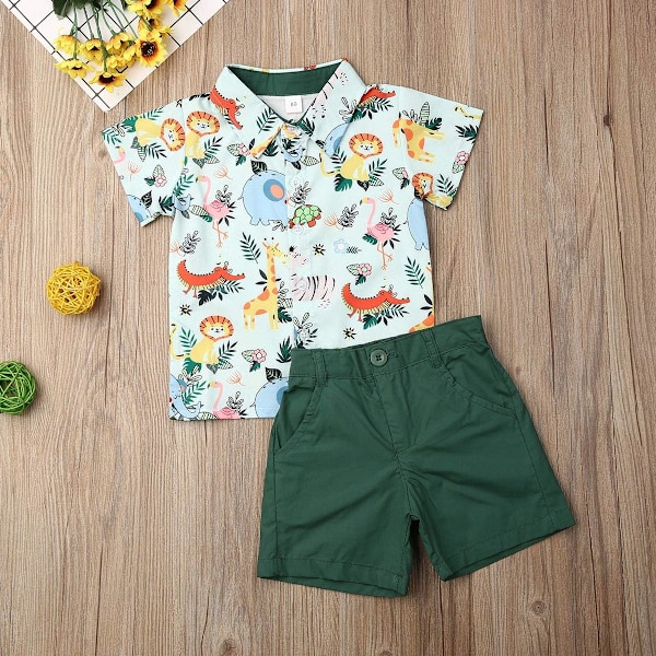 Pojkar Sommar Kläder Kortärmad Krage Knapp T-shirts Shorts Set Småbarn 2pcs Cartoon Djurtryck Kläder 90cm