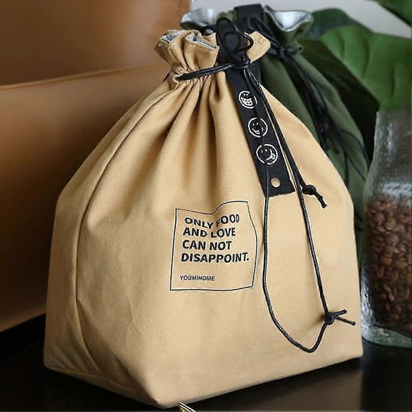 Isolerad Bento-väska Justerbar Bred Öppning Canvas Dragskodesign Lunchväska[PB] Khaki