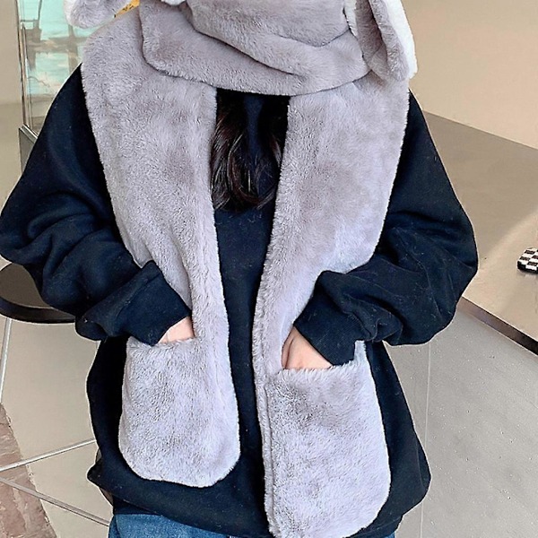 Flickors Hatt med Kaninöron, Trefaldigt Halsduk-Vantar i Ett - Vinteraccessoar Khaki