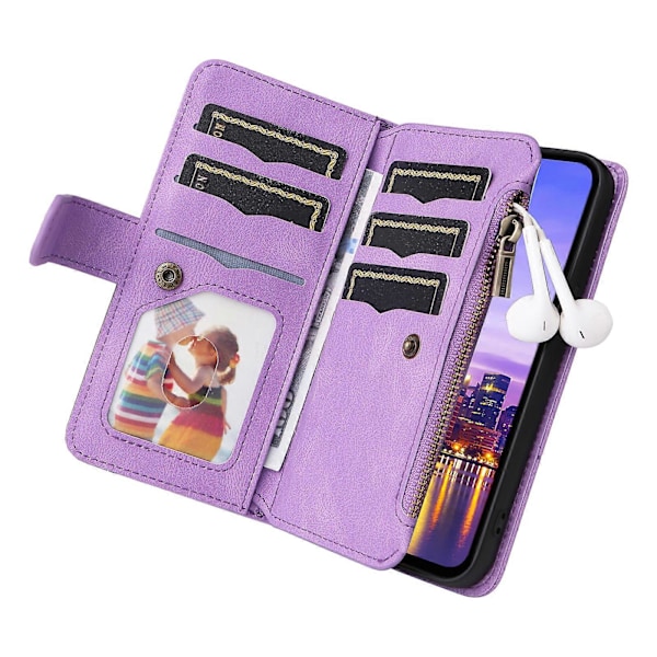 Multi-funktionelt Etui til Samsung Galaxy A16 Etui Lynlås Pung Læder Telefon Cover Stativ Purple