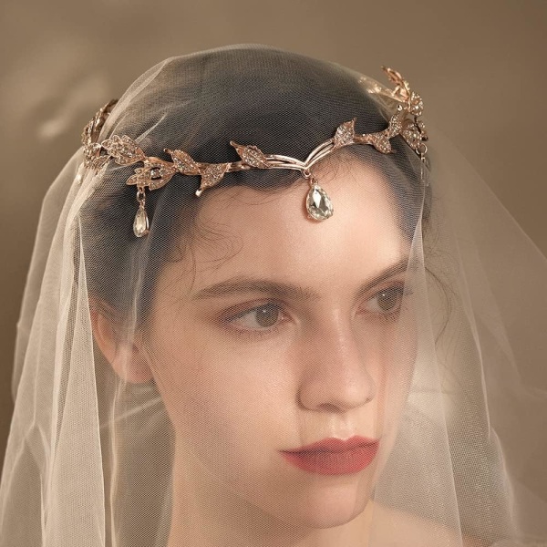 Elegant rhinestone blad bryllup tiaraer og kroner Krystall hengende tiara pannebånd for bruden Brudepike Bursdag krone Cosplay tilbehør for kvinner
