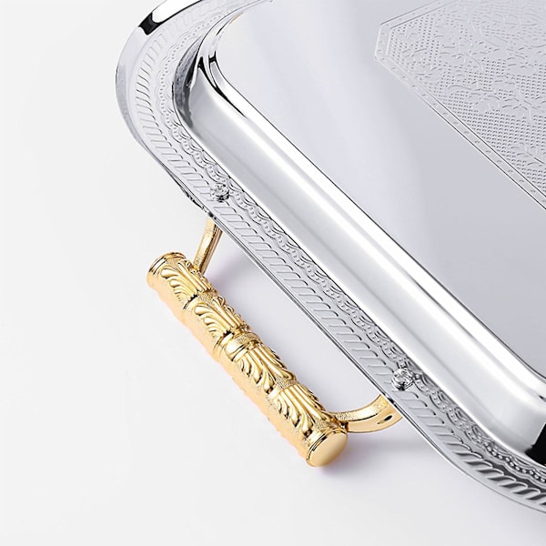 Nordisk Serveringsbrett i Rustfritt Stål med Håndtak Elegant Rektangulær Kaffebar Matholder Dessert Display Plate Dekor Silver L
