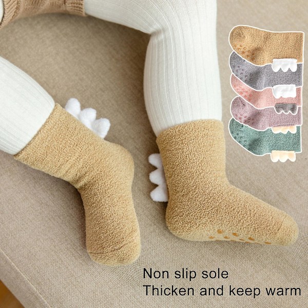 1 Par Toddlerstrumpor Tjocka Söta Sulor 3D Mjuka Håller Varma Korallfleece Dinosaurieutseende Babygolvstrumpor för Sovning Khaki M