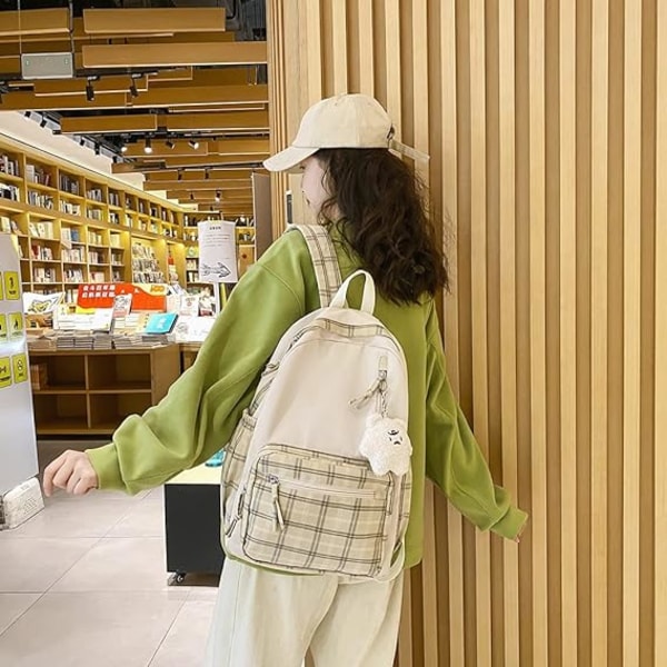 Kawaii Ryggsäck med hänge Söt ryggsäck Rutig Estetisk ryggsäck Skolväskor för tjejer Tonåringar Back to School-ryggsäckar（B)