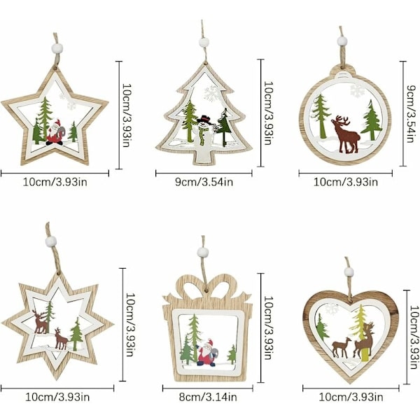 6 stk. træjulepynt Julepynt Ornamenter Dekoration af træjuletræ hængende til julepynt