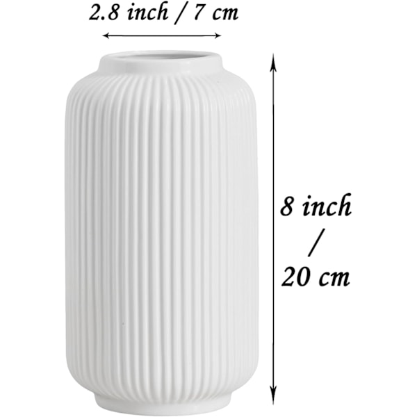 Høje 8 tommer hvide keramiske ribbede vaser til boligindretning borddekorationer, geometrisk design dekorative blomster vase til pampasgræs