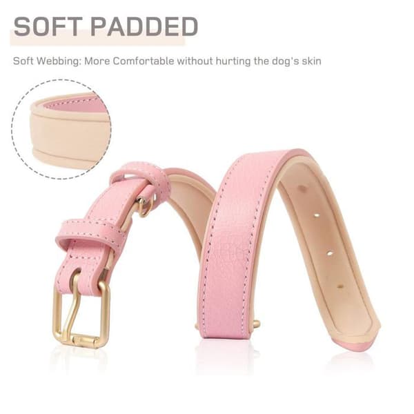 Hundehalsbånd, lavet af ægte læder, justerbart, med blød polstring, ny pink farve.