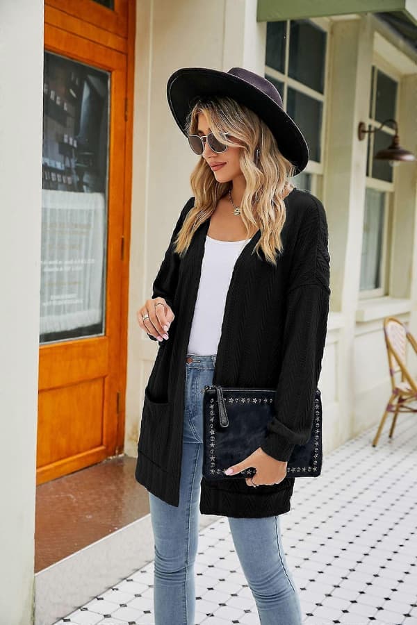 Høstkåpe dame høst ensfarget cardigan genser dame Black S